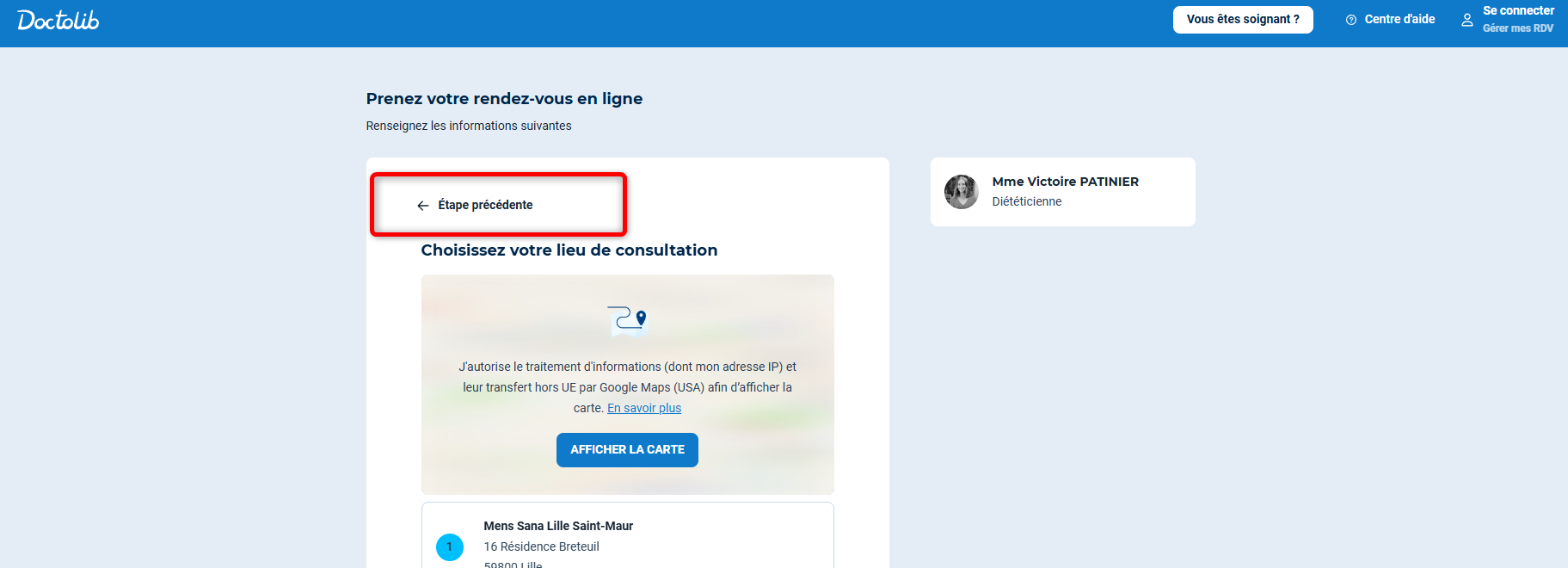 Cliquer sur Étape précédente sur Doctolib